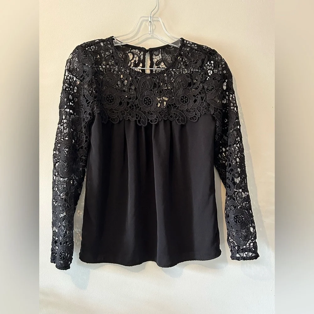 J.Crew Black Lace Long Sleeve Blouse XXS – Elegant Sheer Yoke Holiday Party Top